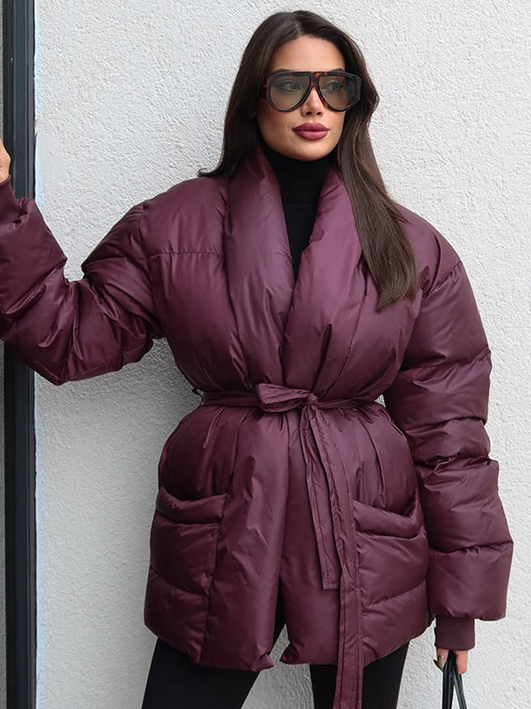 Damen Gesteppte Taillierte Steppjacke mit Schalkragen und Bindegürtel Drune
