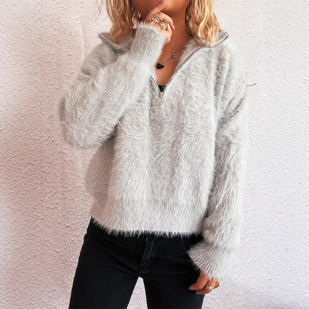 Damen kuscheliger Pullover mit hohem Kragen und Reißverschluss Drune