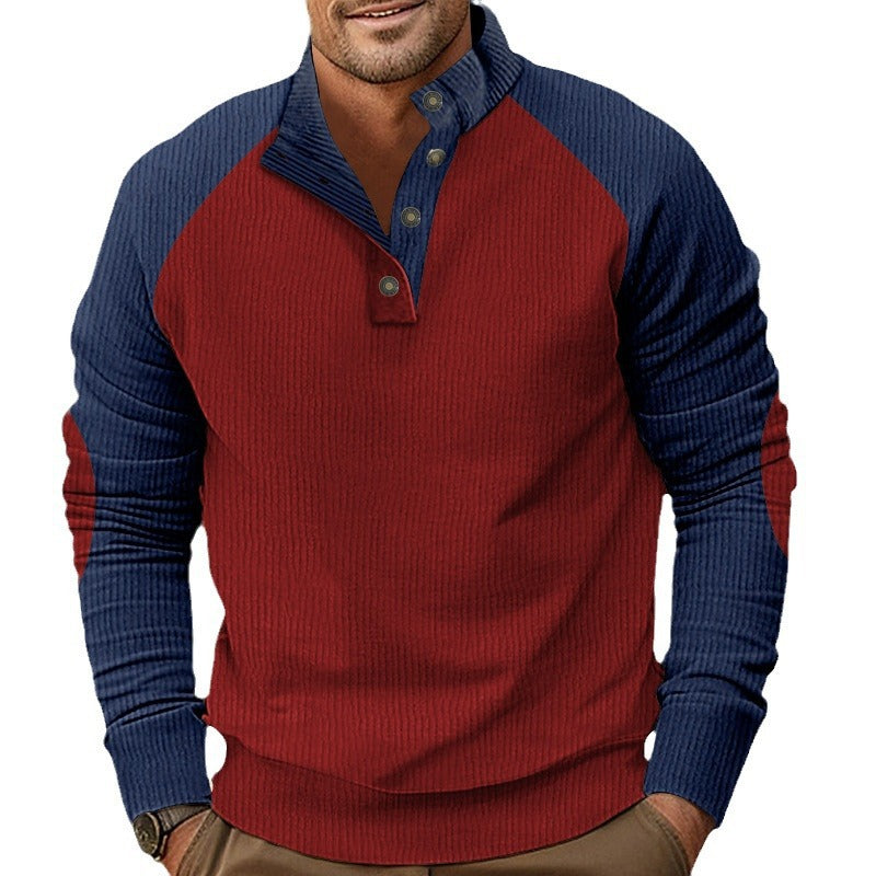 Herren Waffelstruktur-Henley-Pullover mit Stehkragen und Knopfleiste Drune