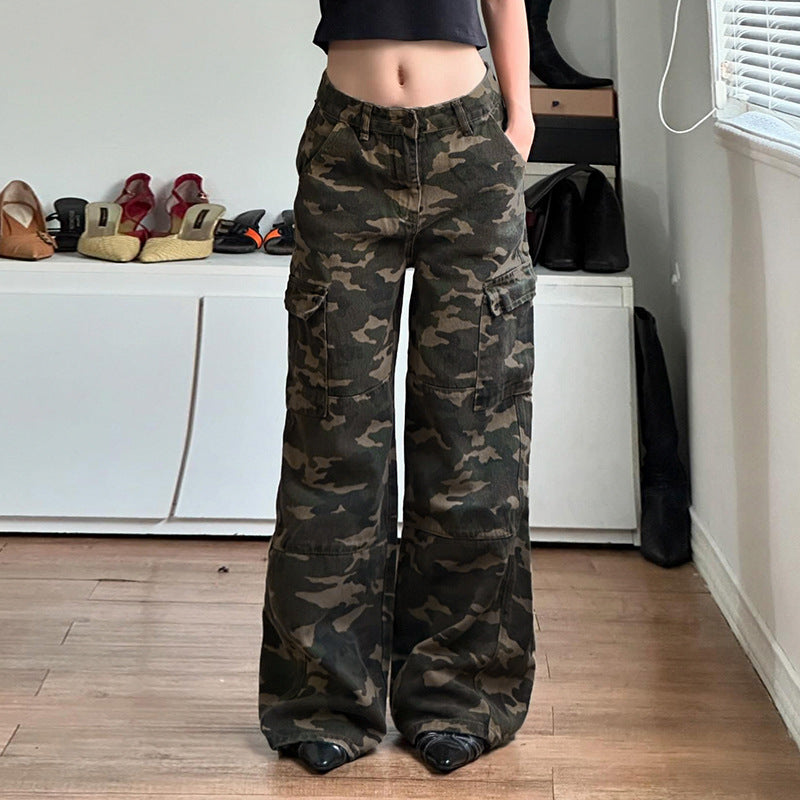Damen nan weite Cargo-Hose mit Camouflage-Print, hoher Taille und mehreren aufgesetzten Beintaschen Drune