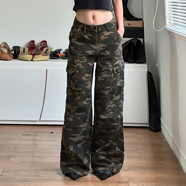 Damen nan weite Cargo-Hose mit Camouflage-Print, hoher Taille und mehreren aufgesetzten Beintaschen Drune