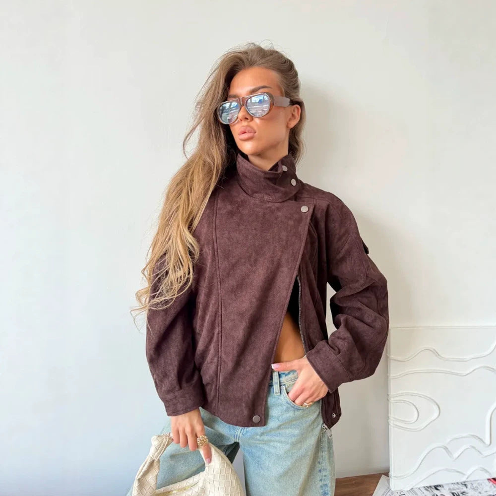 Damen Oversize Wildleder‑Optik Bikerjacke mit hohem Stehkragen Drune