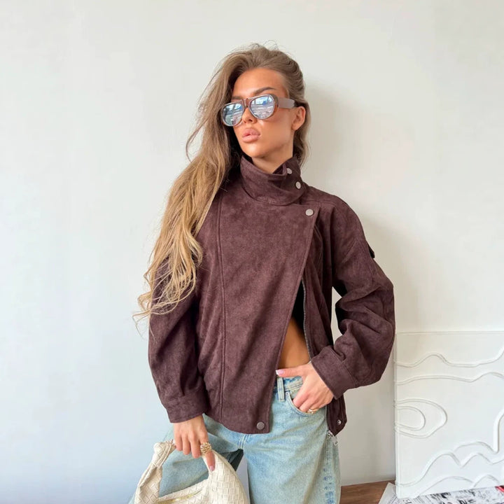 Damen Oversize Wildleder‑Optik Bikerjacke mit hohem Stehkragen Drune