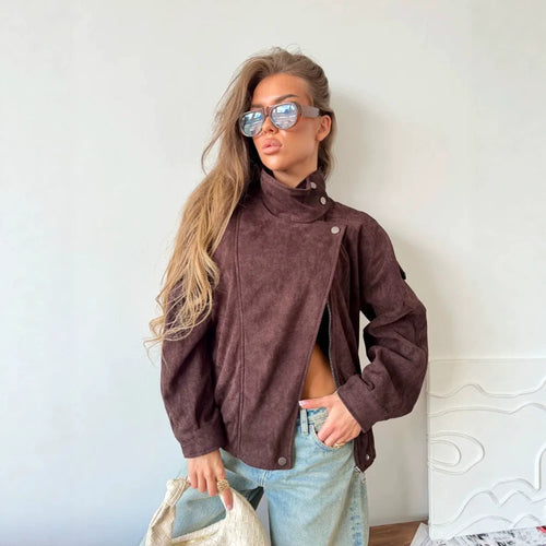 Damen Oversize Wildleder‑Optik Bikerjacke mit hohem Stehkragen Drune