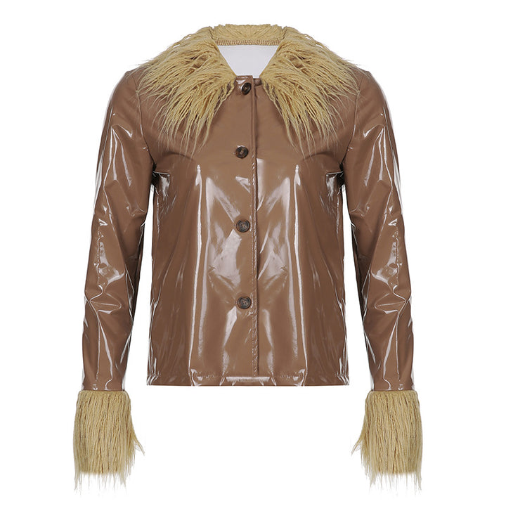 Damen modische Jacke mit luxuriösem Kunstpelzkragen und glänzender Oberfläche Drune