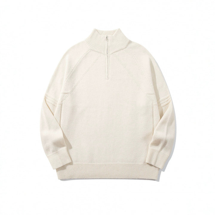Unisex Strick-Halbzip-Pullover mit hohem Rippkragen und Raglanärmeln Drune