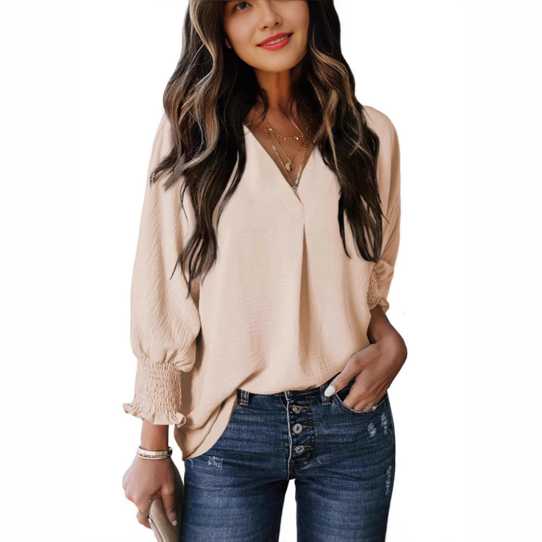 Damen V-Ausschnitt Bluse mit elastischen Ärmelbünden Drune