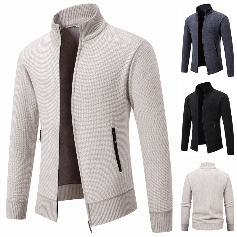 Herren Texturierter Zip-Strickcardigan mit Stehkragen, Waffelstruktur und Reißverschlusstaschen Drune