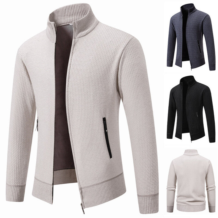 Herren Texturierter Zip-Strickcardigan mit Stehkragen, Waffelstruktur und Reißverschlusstaschen Drune