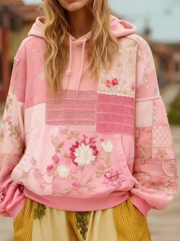 Damen Bestickter Patchwork-Kapuzenpullover mit Blumenapplikation und Kängurutasche Drune