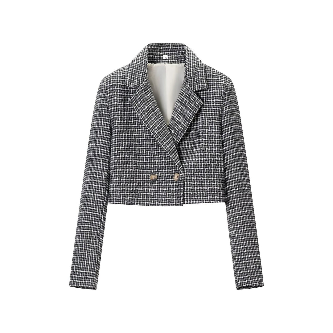 Damen Cropped Wollmischblazer mit Hahnentritt‑Muster und doppelreihiger Knopfleiste Drune