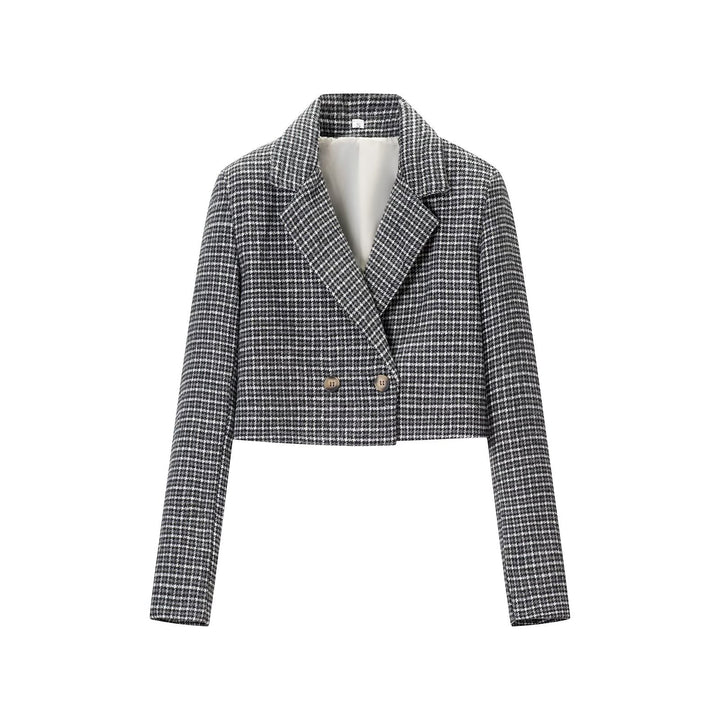 Damen Cropped Wollmischblazer mit Hahnentritt‑Muster und doppelreihiger Knopfleiste Drune