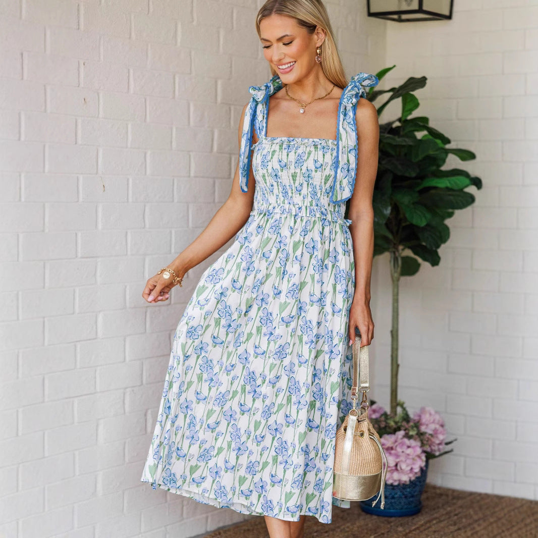 Damen Sommerkleid mit Raffung und schulterlangen Bindebändern Drune