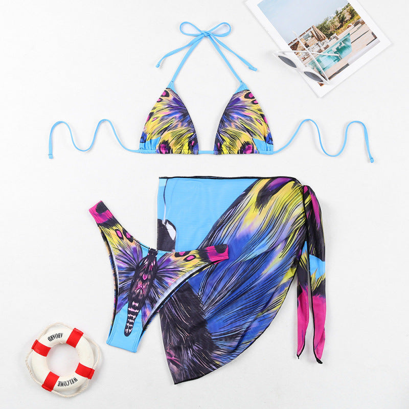 Damen Triangel-Bikini mit verspieltem Wickeldetail und buntem Tropenmotiv Drune