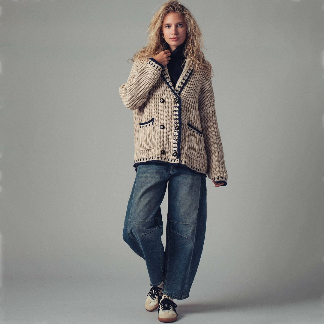 Damen Grobstrick-Cardigan mit Schalkragen, Zierstreifen & aufgesetzten Taschen Drune