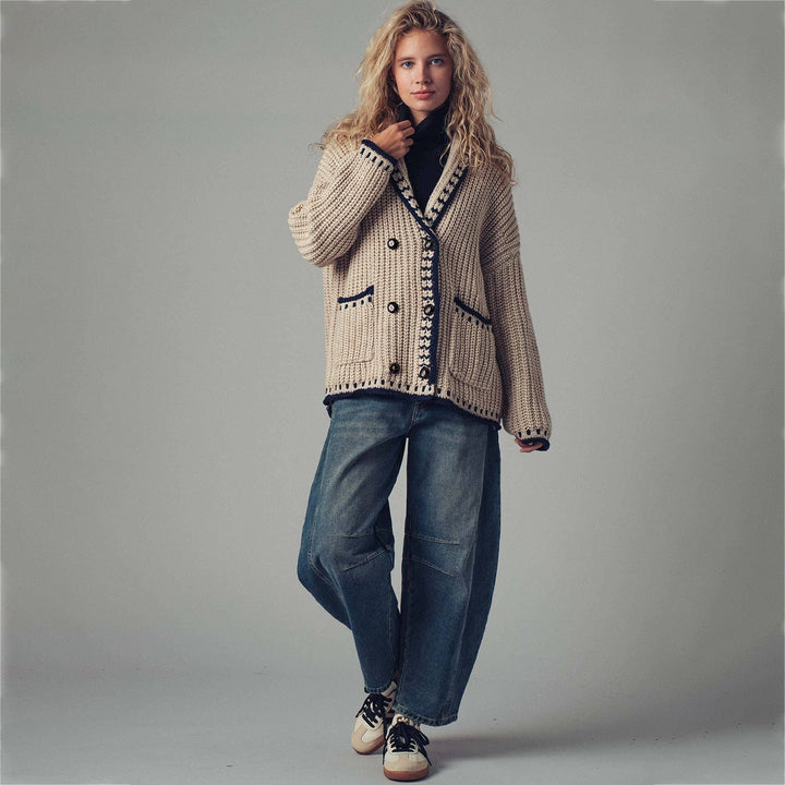 Damen Grobstrick-Cardigan mit Schalkragen, Zierstreifen & aufgesetzten Taschen Drune