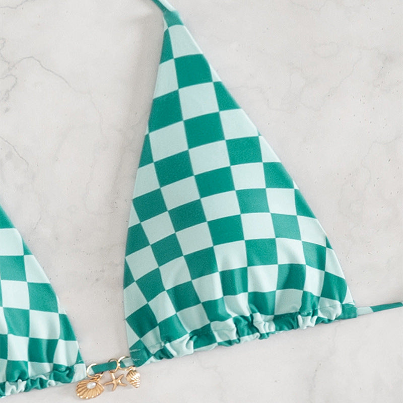 Damen Triangel-Bikini mit modernem Karodesign und verstellbaren Bändern Drune