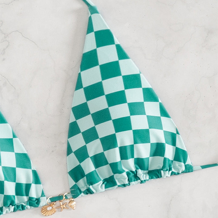 Damen Triangel-Bikini mit modernem Karodesign und verstellbaren Bändern Drune