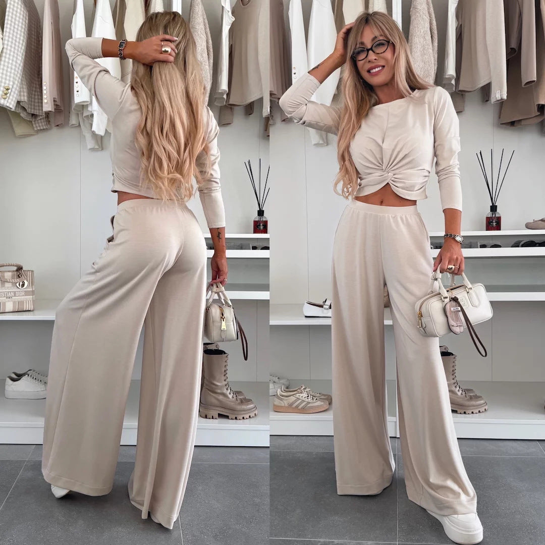 Damen figurnahes Twist-Cropped-Shirt mit weitem High-Waist Palazzo-Hose aus fließendem Jersey Drune