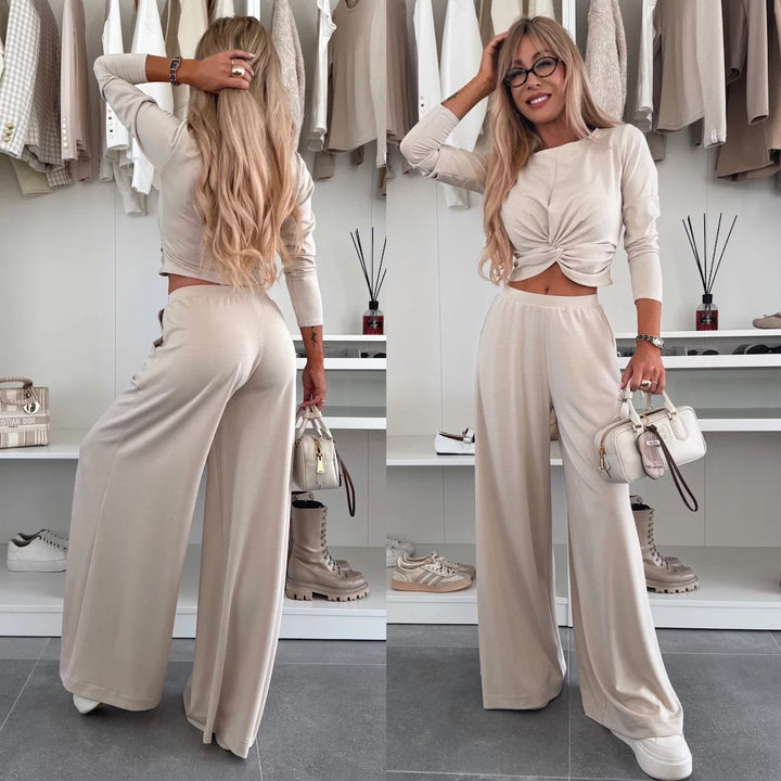 Damen figurnahes Twist-Cropped-Shirt mit weitem High-Waist Palazzo-Hose aus fließendem Jersey Drune