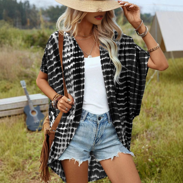Damen Offener Leichter Kimono-Cardigan mit Batikmuster und Kurzarm Drune