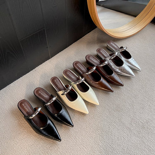 Damen elegante Slingback Mules mit spitzem Zehenbereich und dekorativem Ketten-Detail Drune