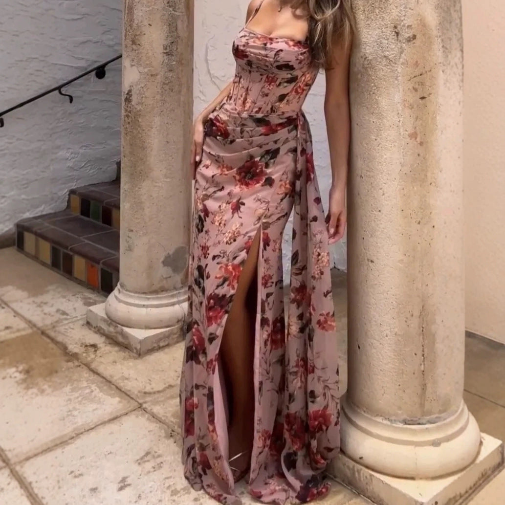 Damen Elegantes Maxikleid mit floralen Mustern und seitlichem Schlitz Drune