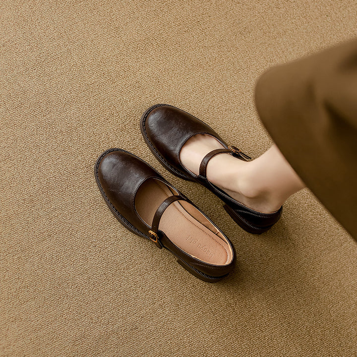 Damen Klassische Leder Mary Jane Ballerinas mit Verstellbarem Schnalle Drune