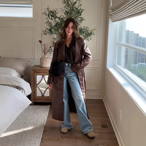 Damen Langer Trenchcoat aus Lederimitat mit Oversize-Schultern und taillierter Silhouette Drune