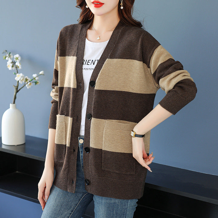 Damen lässige Strickjacke mit breiten Streifen und aufgesetzten Taschen Drune