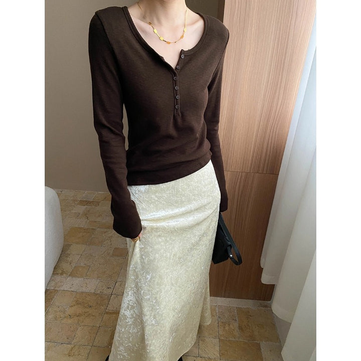 Damen Langarm Henley Shirt mit dekorativen Knopfdetails und feinem Rippenstrick Drune
