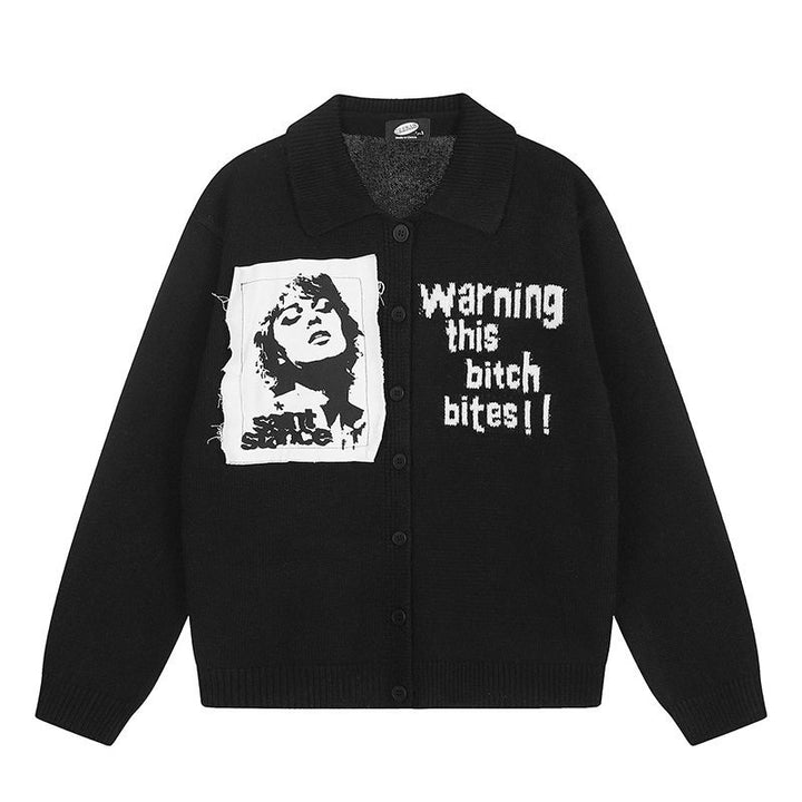Damen Strick-Cardigan mit Hemdkragen, Knopfleiste und Statement-Patch Drune