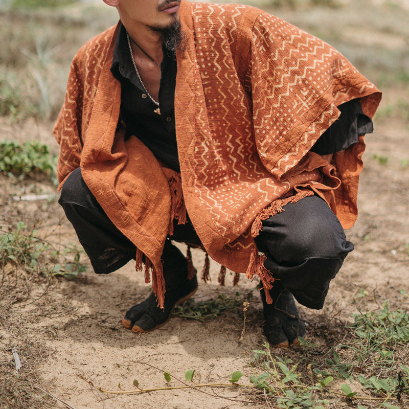 Herren gewDruneter Boho-Poncho mit Fransen und V-Ausschnitt Drune