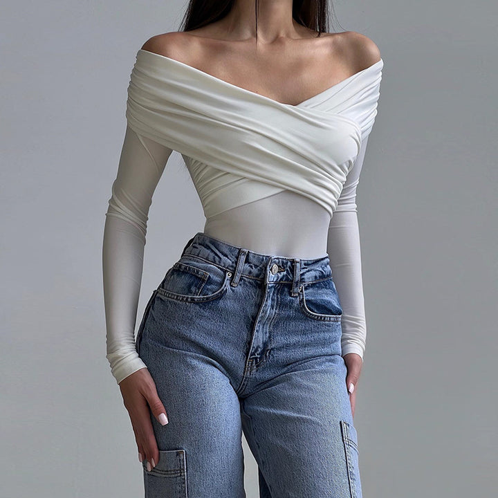 Damen Off-Shoulder Oberteil mit raffiniertem Wickeldesign und langen Ärmeln Drune