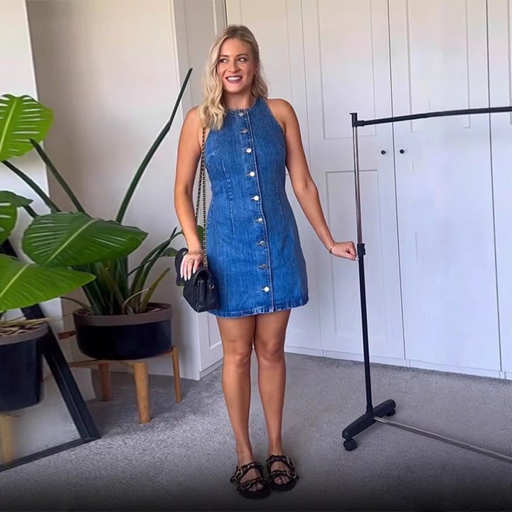 Damen Figurbetontes Ärmelloses Denim-Minikleid mit Mittelknopfleiste Drune
