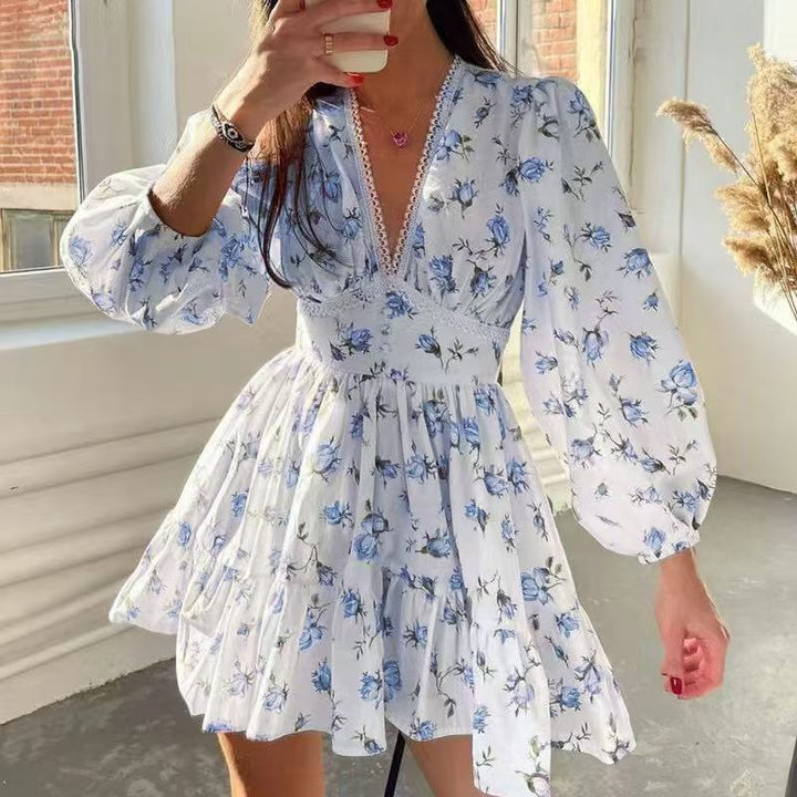 Damen Boho-florales Minikleid mit V-Ausschnitt und Puffärmeln Drune