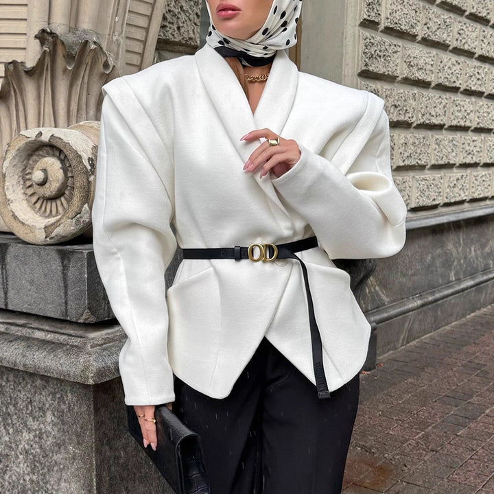 Damen Modischer Oversized-Wollmantel mit tailliertem Design und Gürtel Drune