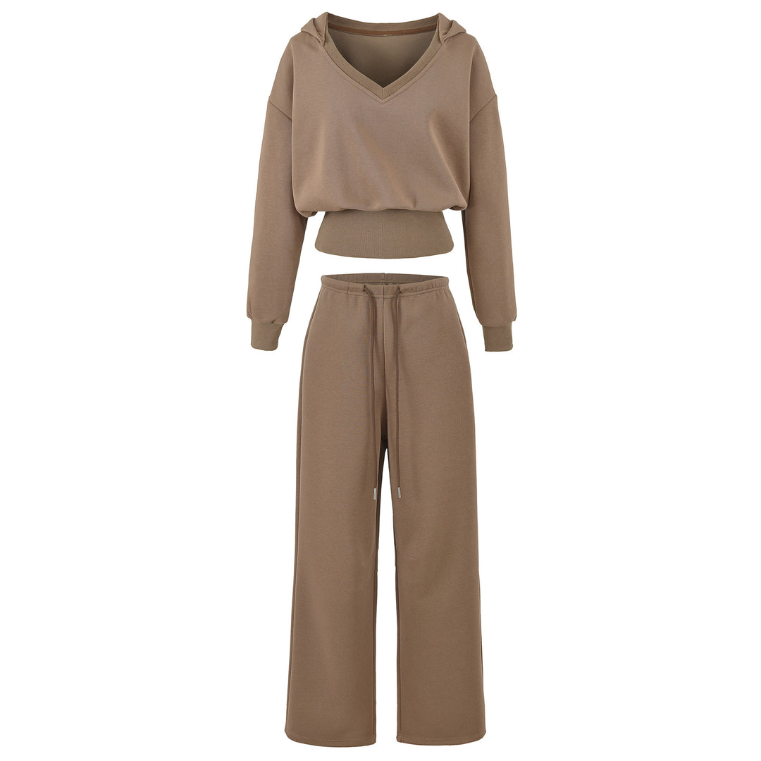 Damen Komfort-Lounge-Set mit kurzem V-Kapuzenpullover und hochgeschnittenen Weitbein-Joggern Drune