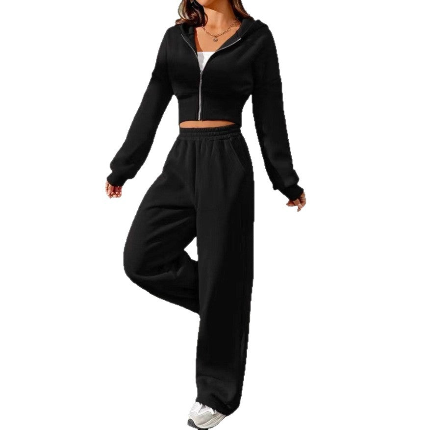 Damen nan kurzes Kapuzen-Sweatshirt mit Reißverschluss und weite High-Waist Jogginghose Drune