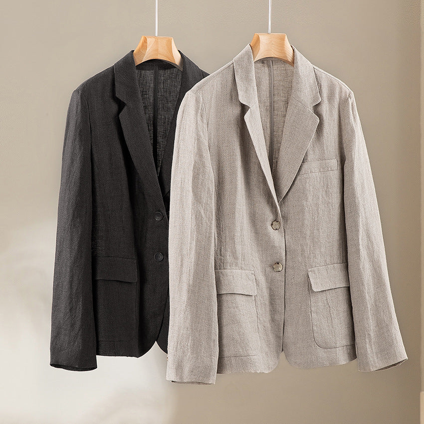 Damen Leinenblazer mit aufgesetzten Taschen, legerer Passform und Reverskragen Drune