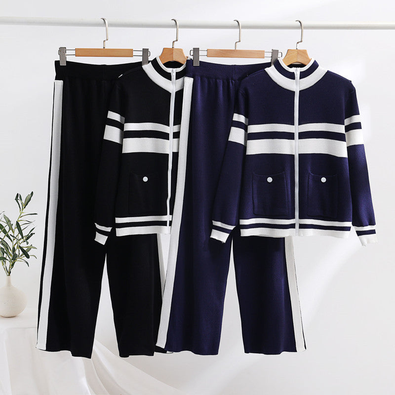 Damen sportliches Strick-Jacke und Hose Set Drune