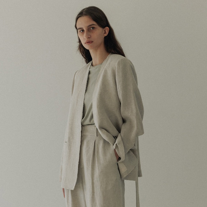 Damen Eleganter und lässiger Leinenblazer ohne Verschluss Drune