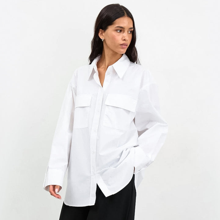 Damen Oversized Hemdbluse mit aufgesetzten Taschen und modernem Schnitt Drune