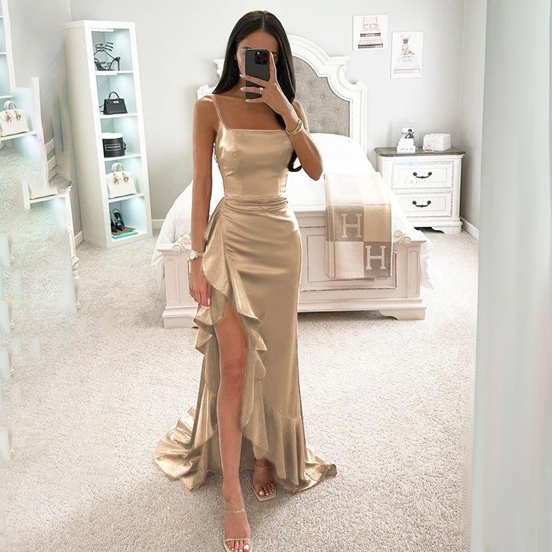 Damen elegantes Maxikleid mit asymmetrischem Rüschensaum und taillierter Silhouette Drune