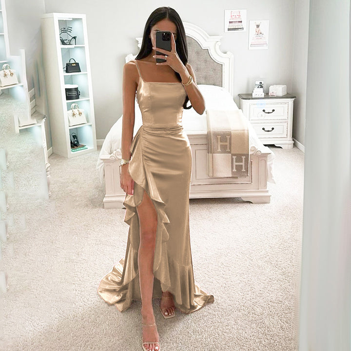 Damen elegantes Maxikleid mit asymmetrischem Rüschensaum und taillierter Silhouette Drune