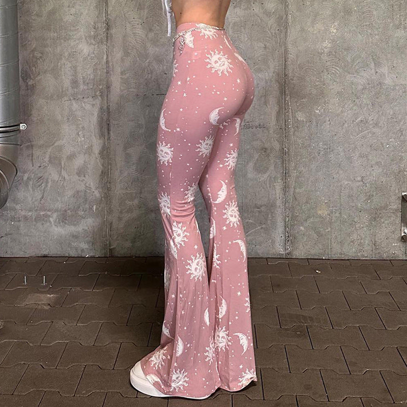Damen Bootcut-Hose mit künstlerischem Mond- und Sonnen-Design Drune