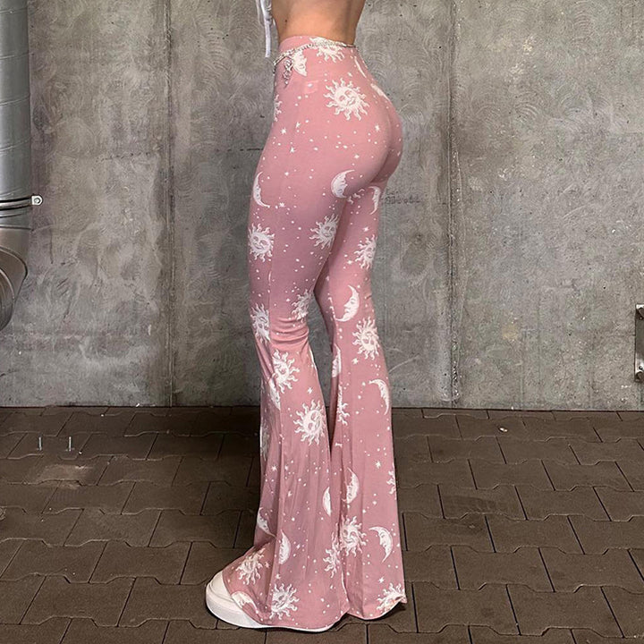 Damen Bootcut-Hose mit künstlerischem Mond- und Sonnen-Design Drune