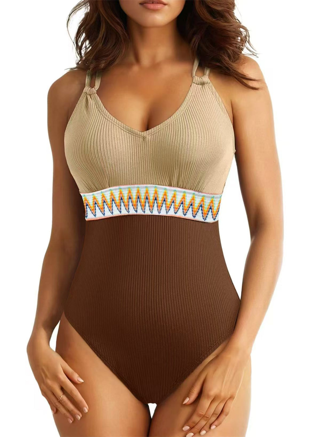 Damen Sportlicher Badeanzug mit modischem V-Ausschnitt und buntem Ethno-Muster Drune