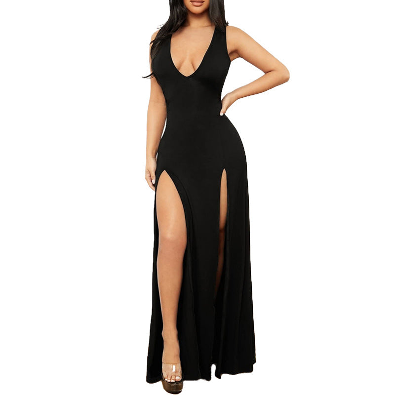 Damen Elegantes Maxikleid mit tiefem V-Ausschnitt und seitlichen Schlitzen Drune