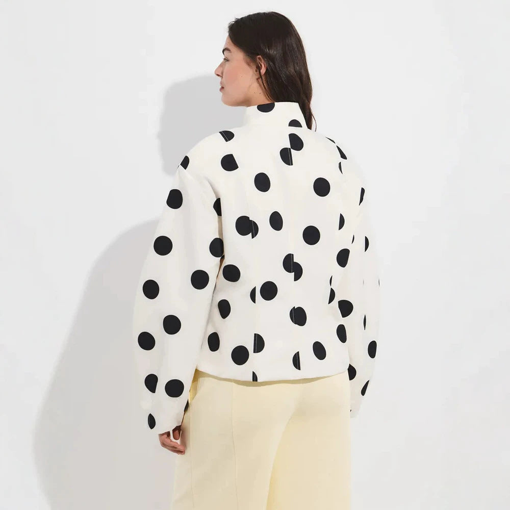 Damen Gepunktete Stehkragen-Bluse mit Oversize-Ärmeln und kastiger Cropped-Silhouette Drune